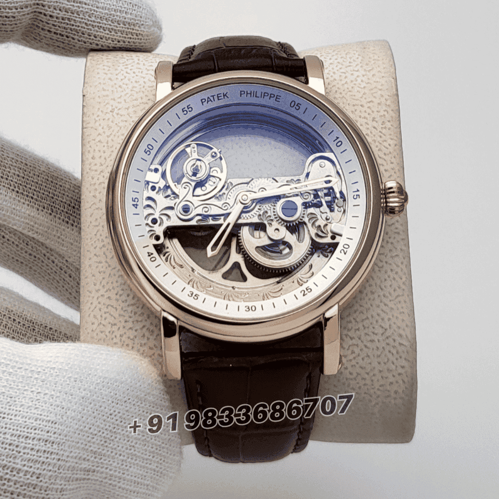 Patek Philippe Skeleton Rose Gold Leather Strap High Quality Swiss Automatic Watch Billionare Watches